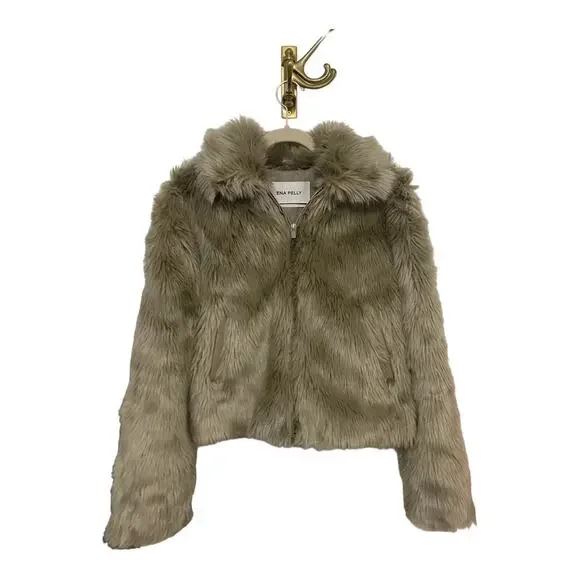 Revolve Ena Pelly Willow Faux Fur Cropped Jacket Zip Up Long Sleeve Taupe Size 2